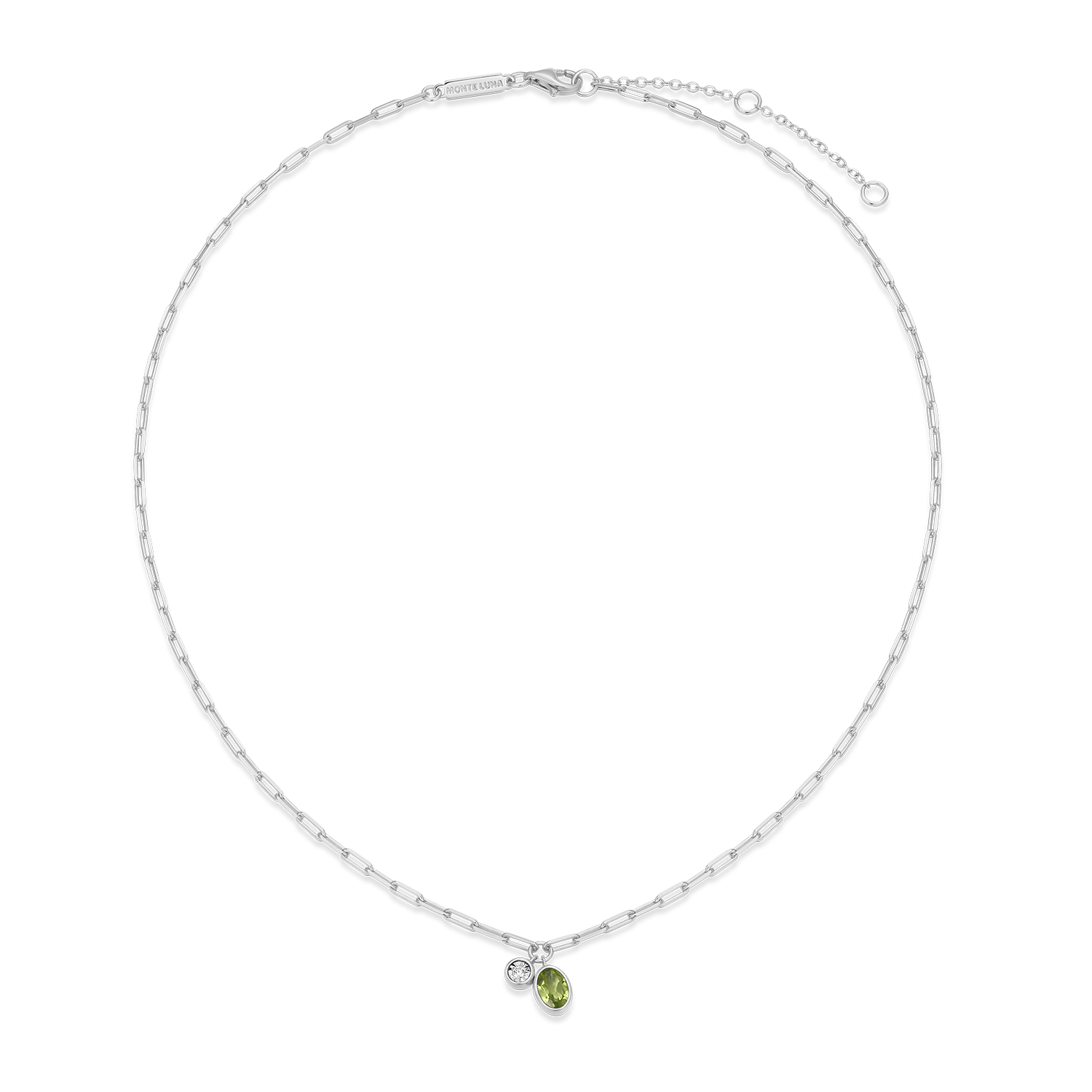 August Birthstone Genuine Peridot & Lab-Created Diamond Mini Paperclip Necklace in Rhodium-Plated Sterling Silver | M by Monte Luna