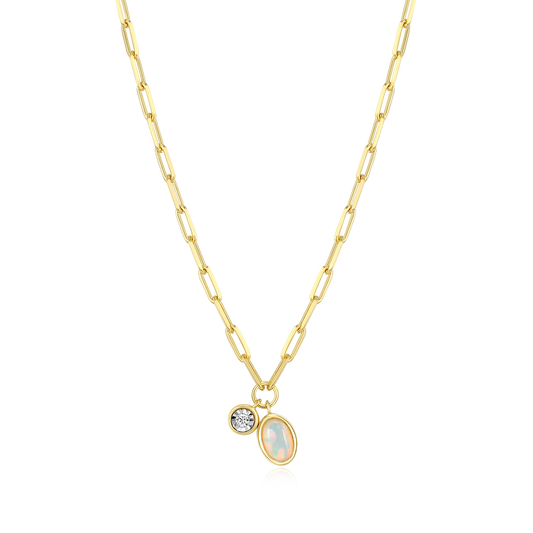 October Birthstone Lab-Created Opal & Lab-Created Diamond Mini Paperclip Necklace in 14K Yellow Gold-Plated Sterling Silver | M by Monte Luna