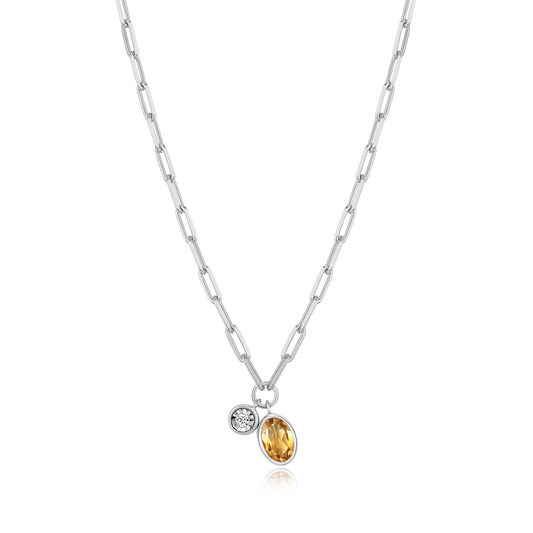 November Birthstone Genuine Citrine & Lab-Created Diamond Mini Paperclip Necklace in Rhodium-Plated Sterling Silver | M by Monte Luna