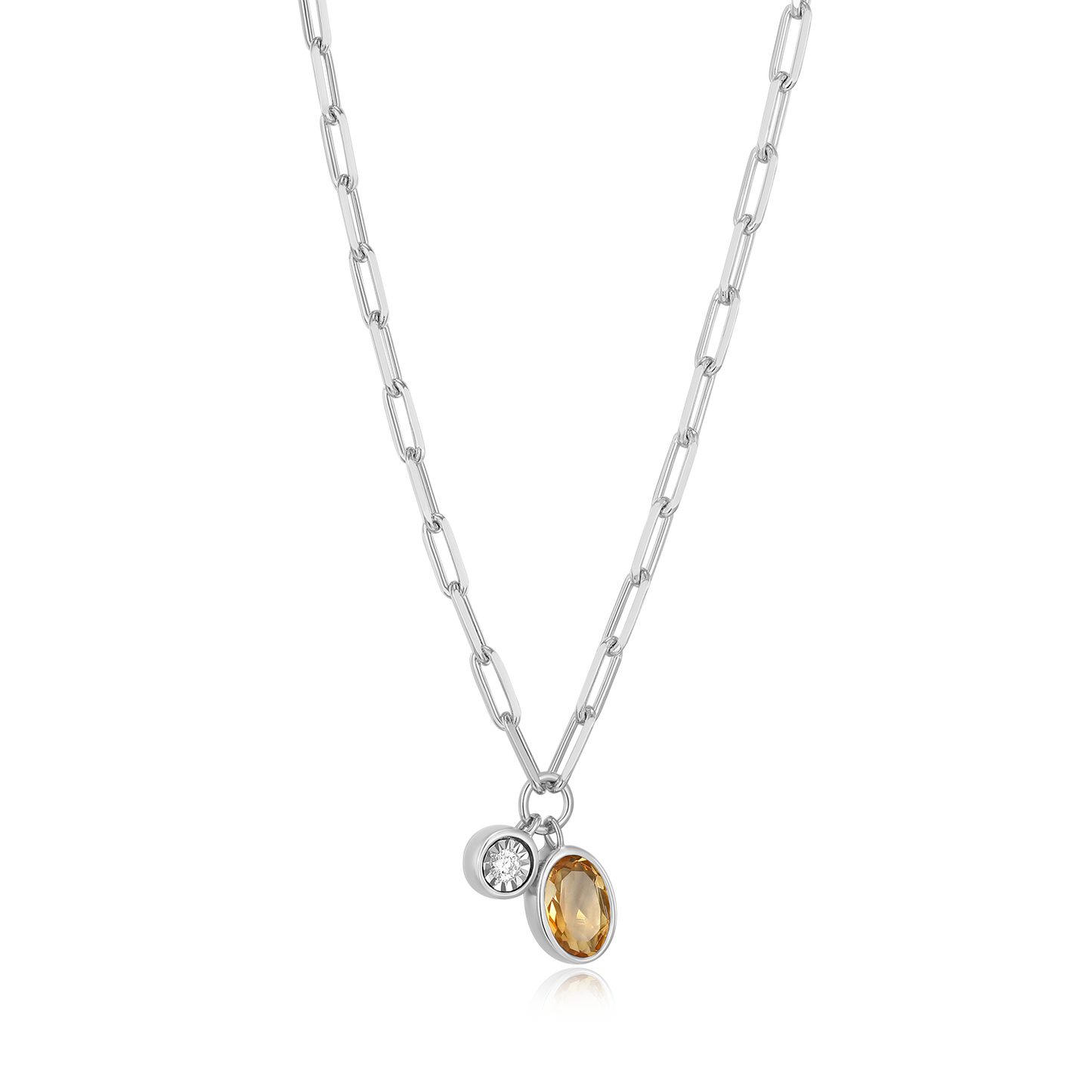 November Birthstone Genuine Citrine & Lab-Created Diamond Mini Paperclip Necklace in Rhodium-Plated Sterling Silver | M by Monte Luna
