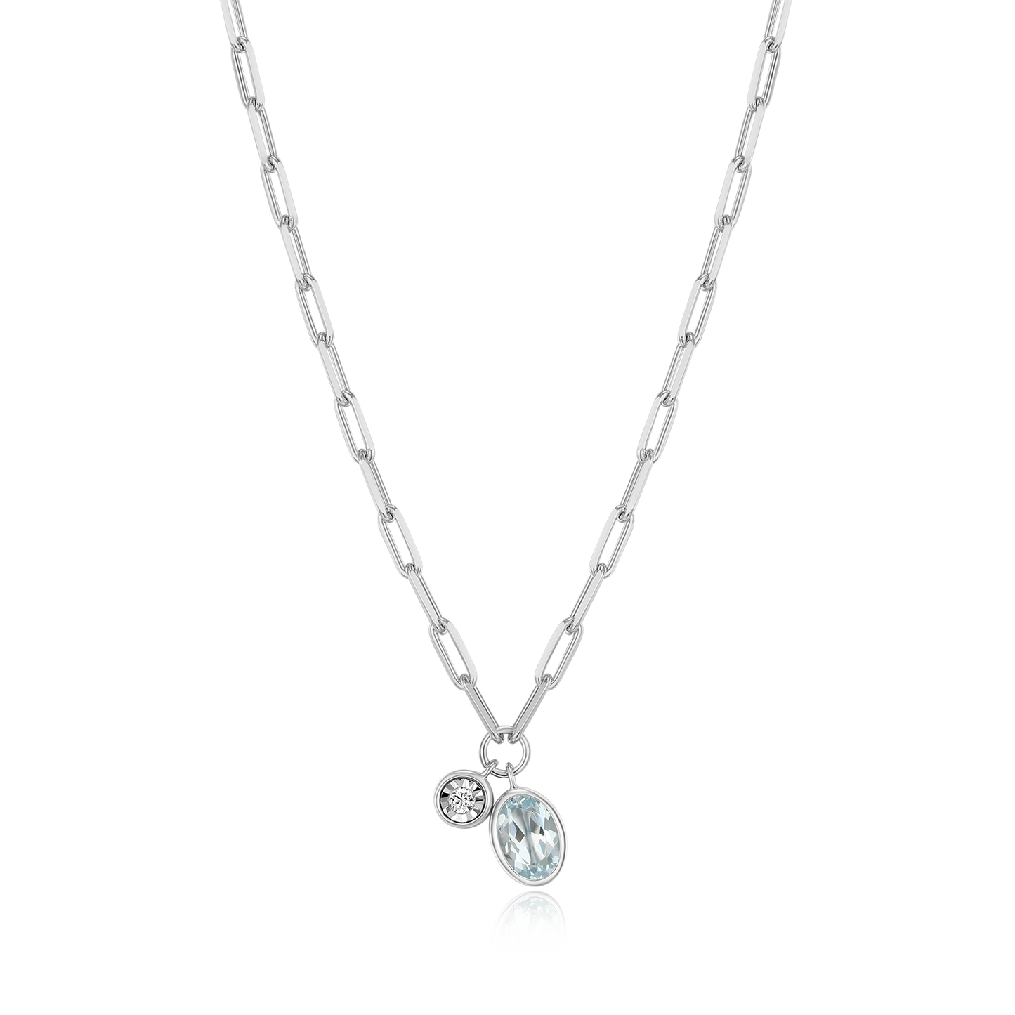 March Birthstone Genuine Aquamarine & Lab-Created Diamond Mini Paperclip Necklace in Rhodium-Plated Sterling Silver | M by Monte Luna