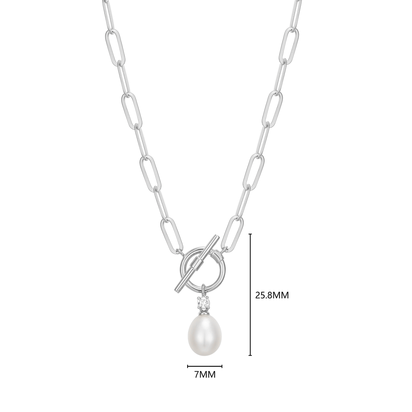 Freshwater Pearl & Lab-Created Diamond Toggle-Look Paperclip Necklace in Rhodium-Plated Sterling Silver | M by Monte Luna