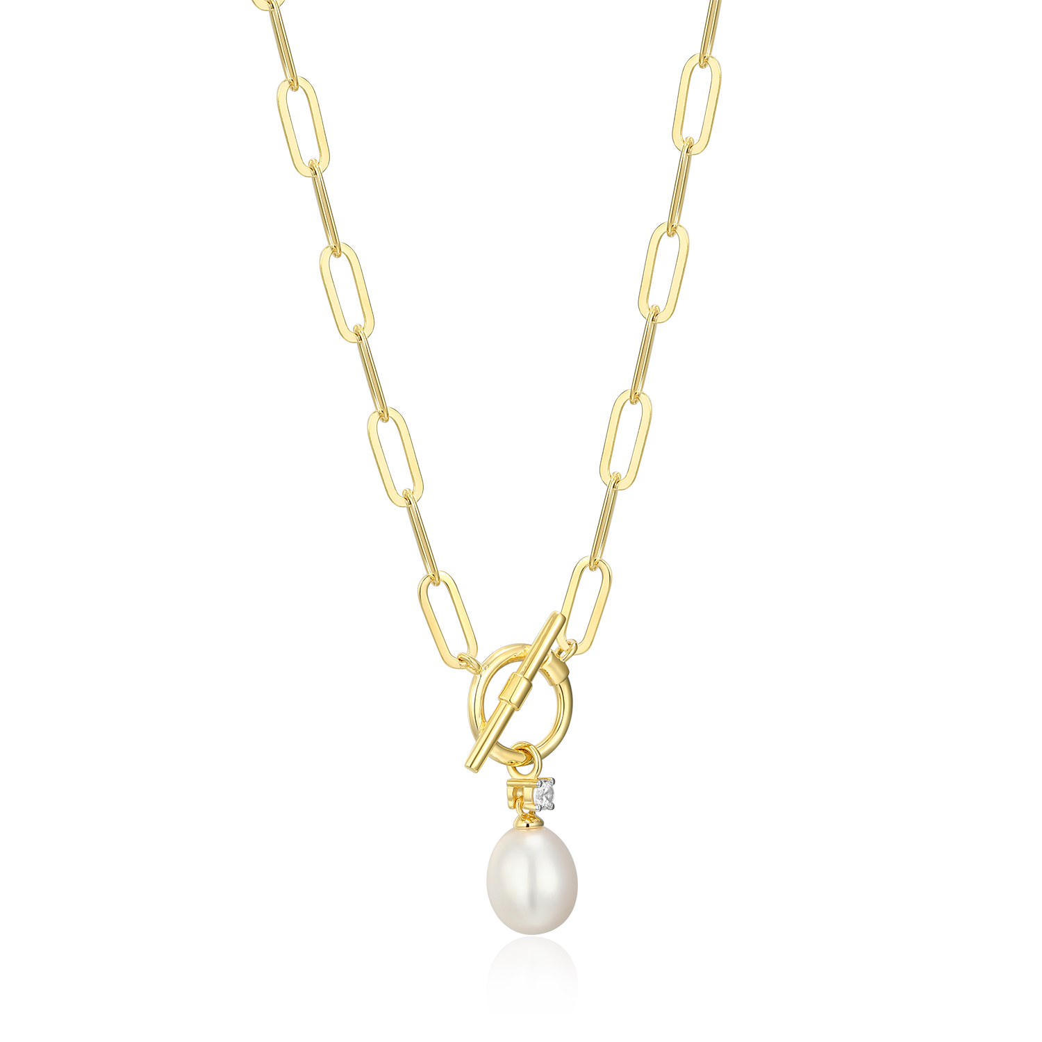 Freshwater Pearl & Lab-Created Diamond Toggle-Look Paperclip Necklace in 14K Yellow Gold-Plated Sterling Silver | M by Monte Luna