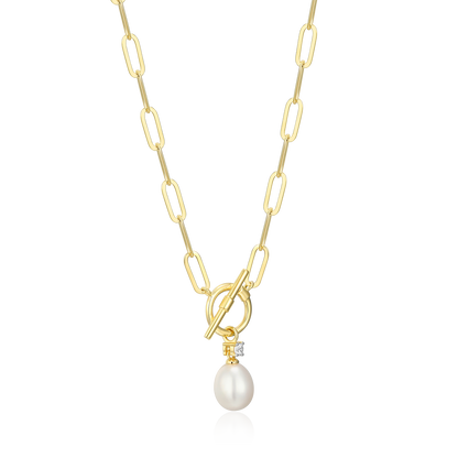 Freshwater Pearl & Lab-Created Diamond Toggle-Look Paperclip Necklace in 14K Yellow Gold-Plated Sterling Silver | M by Monte Luna