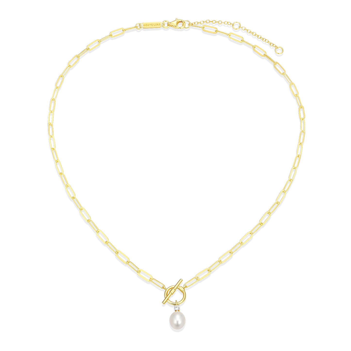 Freshwater Pearl & Lab-Created Diamond Toggle-Look Paperclip Necklace in 14K Yellow Gold-Plated Sterling Silver | M by Monte Luna