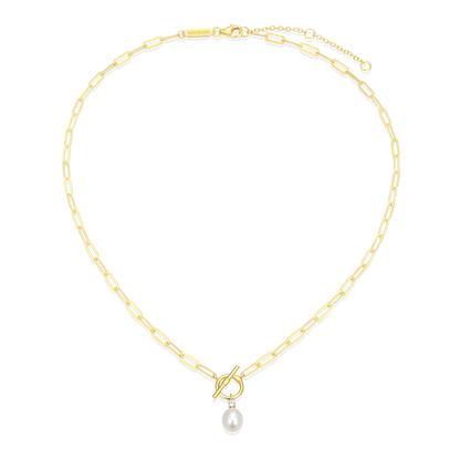 Freshwater Pearl & Lab-Created Diamond Toggle-Look Paperclip Necklace in 14K Yellow Gold-Plated Sterling Silver | M by Monte Luna