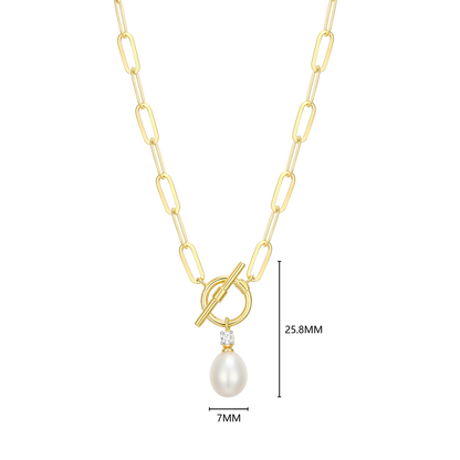 Freshwater Pearl & Lab-Created Diamond Toggle-Look Paperclip Necklace in 14K Yellow Gold-Plated Sterling Silver | M by Monte Luna