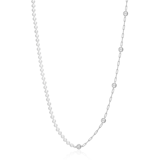 Freshwater Baby Pearl & Lab-Created Diamond Station Paperclip Necklace in Rhodium-Plated Sterling Silver | M by Monte Luna