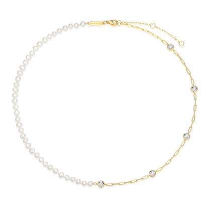 Freshwater Baby Pearl & Lab-Created Diamond Station Paperclip Necklace in 14K Yellow Gold-Plated Sterling Silver | M by Monte Luna