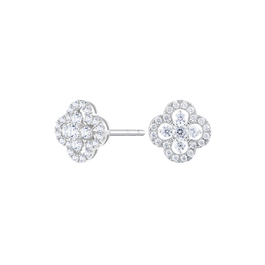 Full Stone Clover Stud Earrings in 14K White Gold | Monte Luna