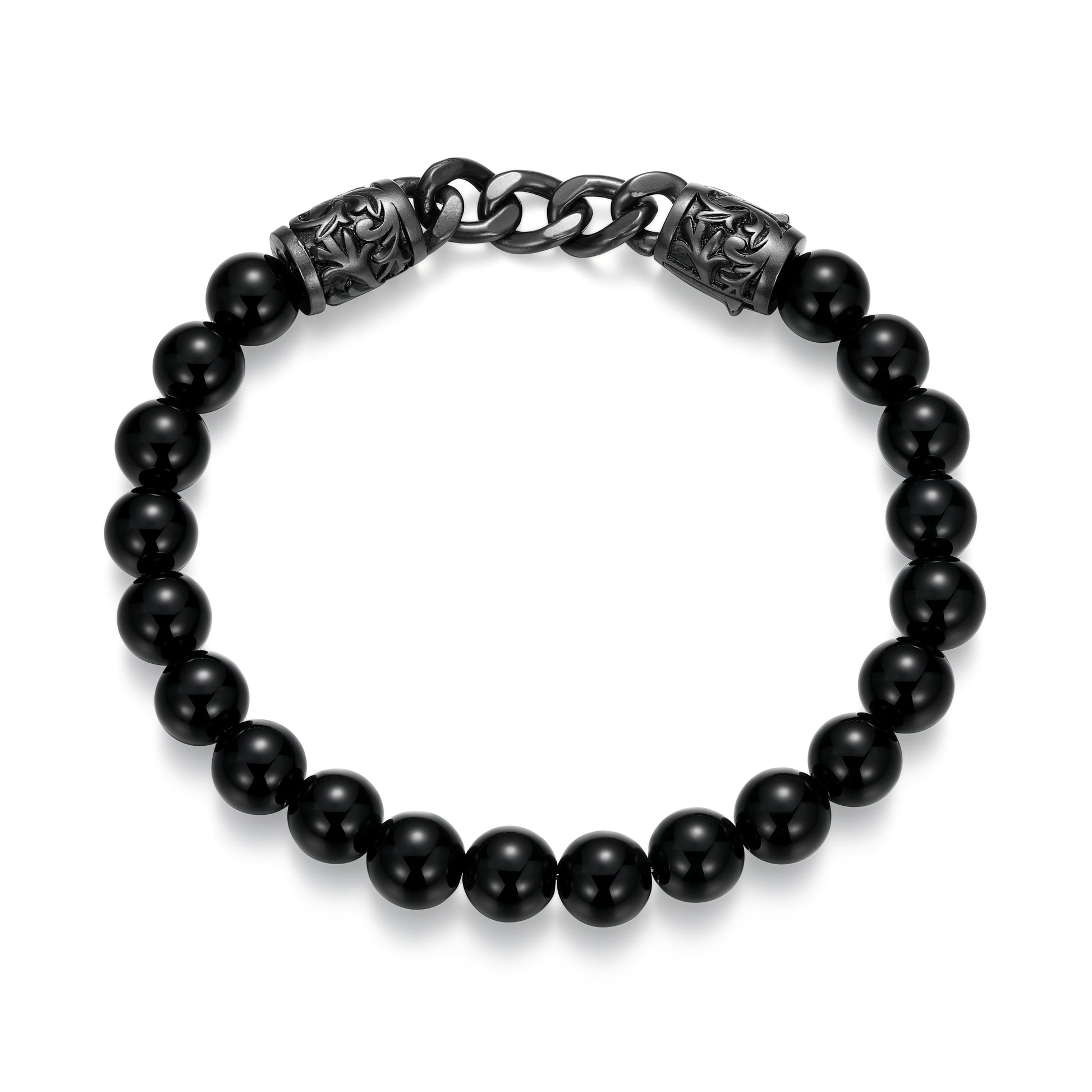 UB0097 - Dark Reign Chisel Rondelle Cuban Chain Black Agate Beaded Bracelet in Gunmetal - Plated Sterling Silver | ethos