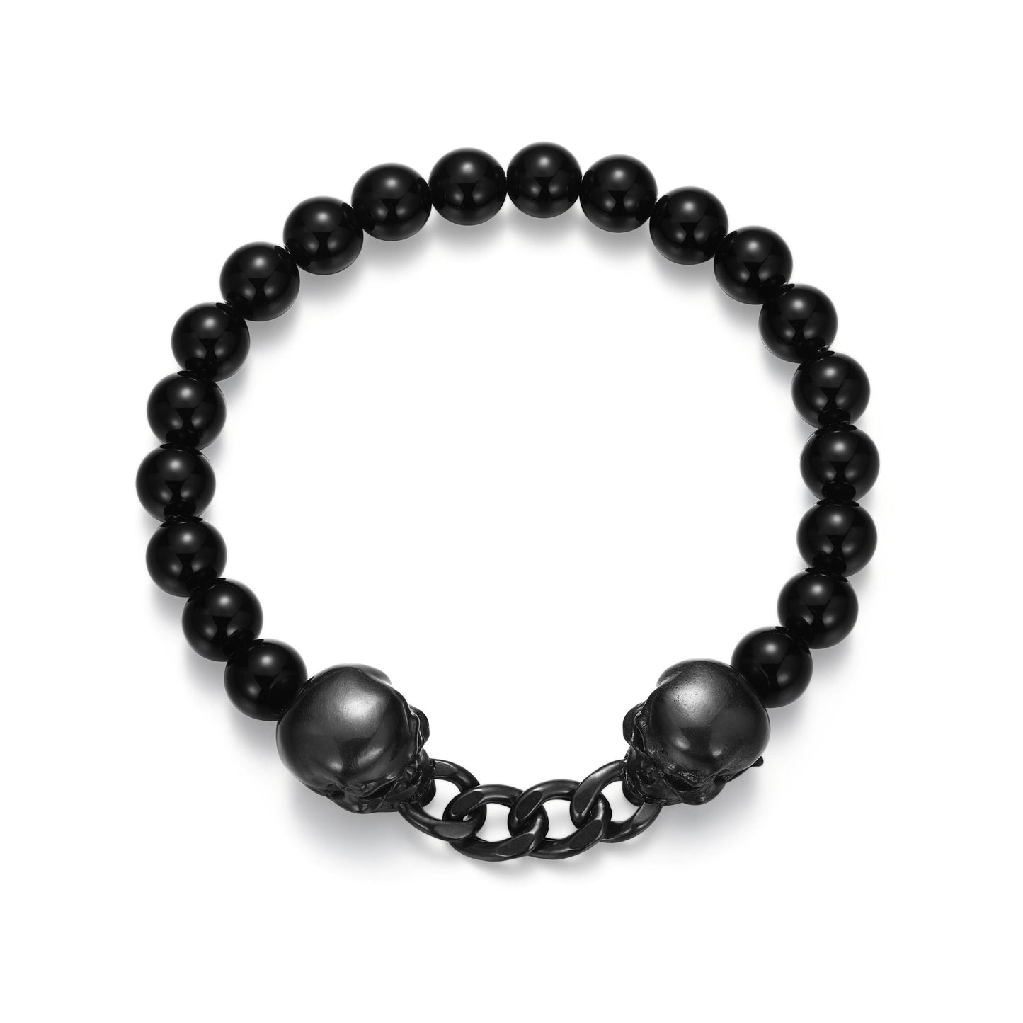 Dark Reign Skull Rondelle Cuban Chain Black Agate Beaded Bracelet in Gunmetal-Plated Sterling Silver | ethos