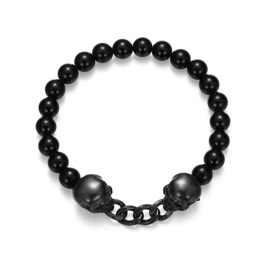 Dark Reign Skull Rondelle Cuban Chain Black Agate Beaded Bracelet in Gunmetal-Plated Sterling Silver | ethos