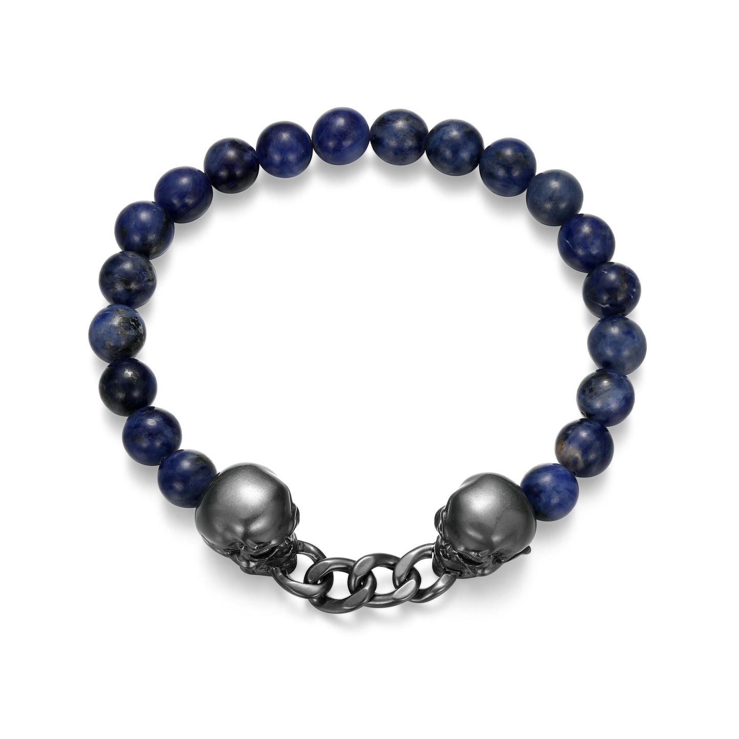 Dark Reign Skull Rondelle Cuban Chain Sodalite Beaded Bracelet in Gunmetal-Plated Sterling Silver | ethos