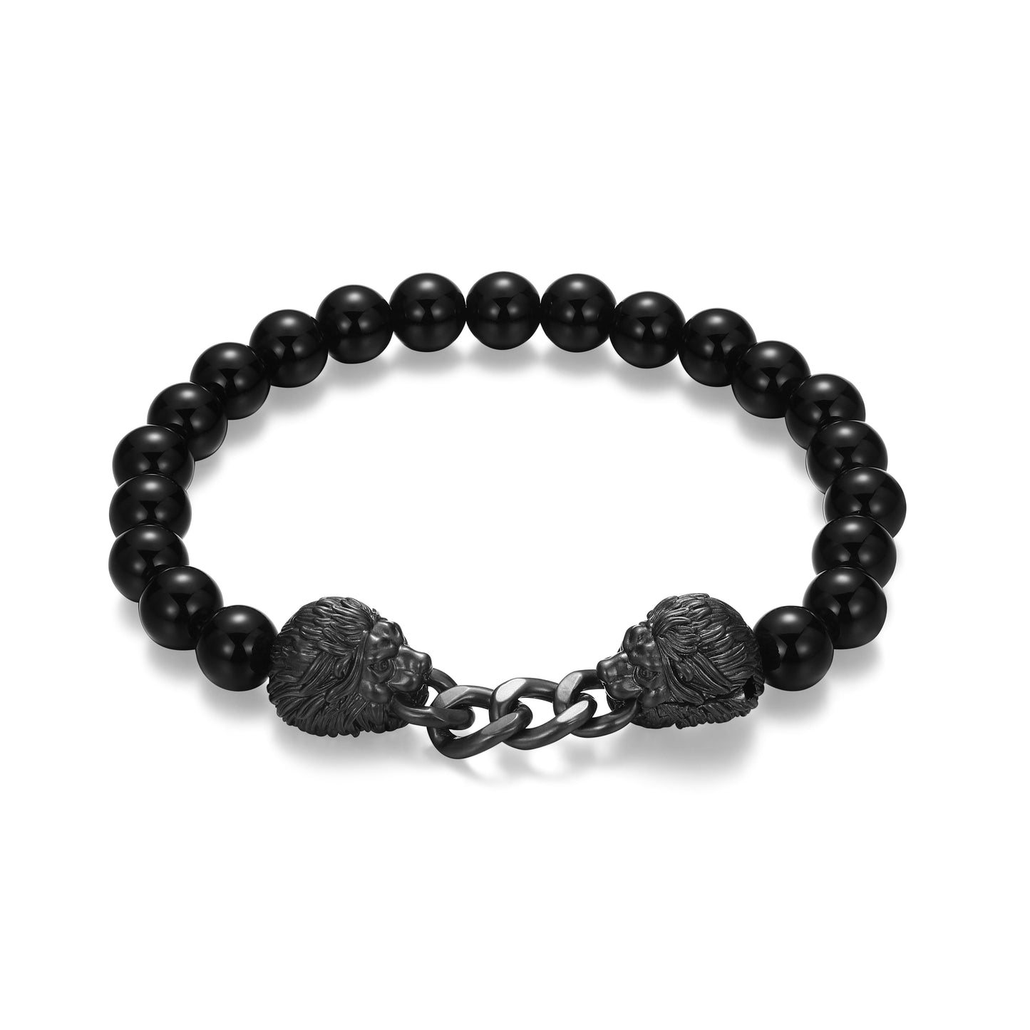 Dark Reign Lion Cuban Chain Black Agate Beaded Bracelet in Gunmetal-Plated Sterling Silver | ethos