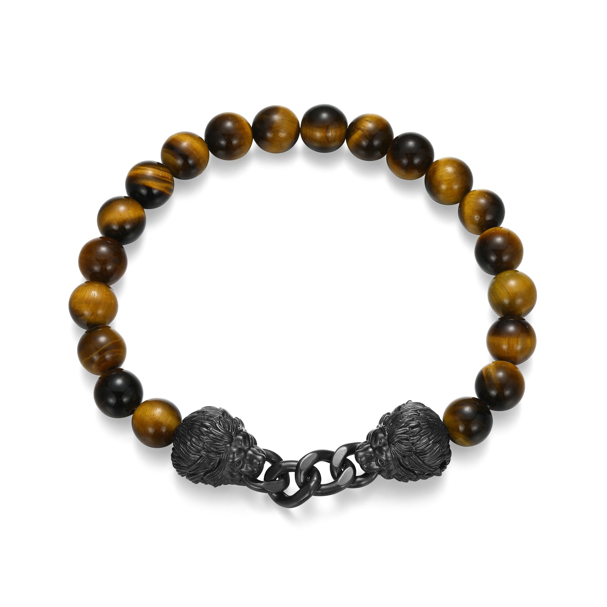 Dark Reign Lion Rondelle Cuban Chain Tiger's Eye Beaded Bracelet in Gunmetal-Plated Sterling Silver | ethos