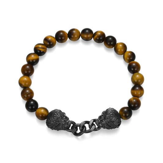 Dark Reign Lion Rondelle Cuban Chain Tiger's Eye Beaded Bracelet in Gunmetal-Plated Sterling Silver | ethos