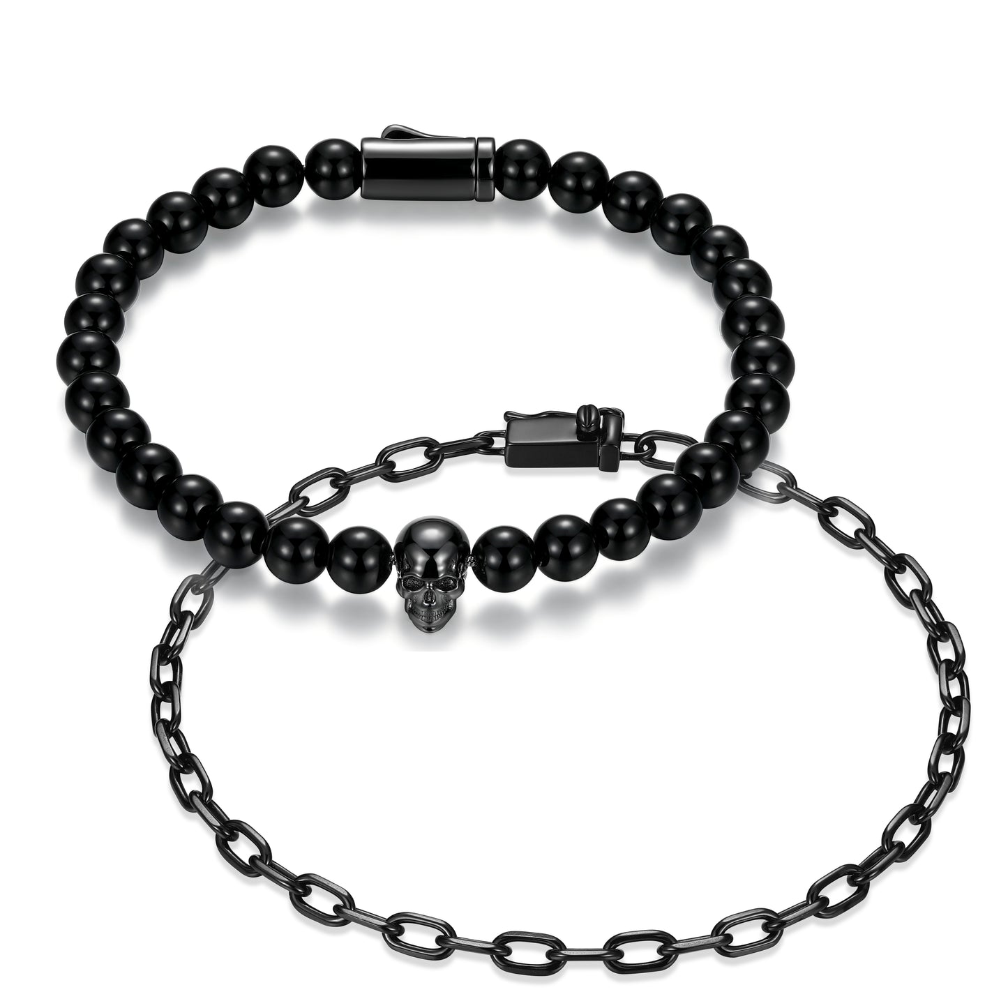 UB0107 - Skull Box Set Black Agate Bead & Faceted Cable Chain Bracelets in Gunmetal - Plated Sterling Silver | ethos