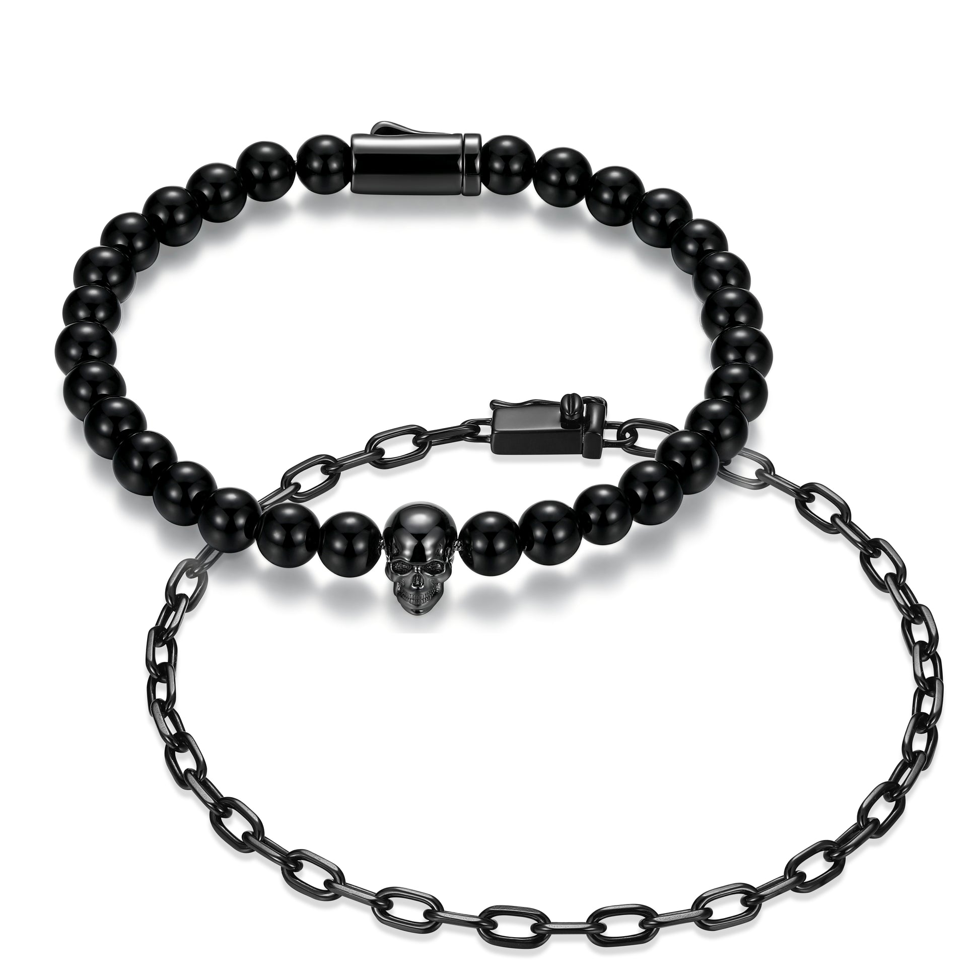 UB0107 - Skull Box Set Black Agate Bead & Faceted Cable Chain Bracelets in Gunmetal - Plated Sterling Silver | ethos