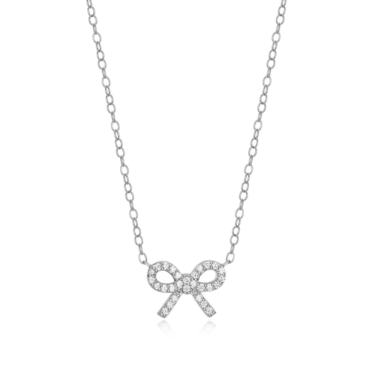 Ribbon Bow Lab-Created Diamond Charm Necklace in Rhodium-Plated Sterling Silver | M by Monte Luna