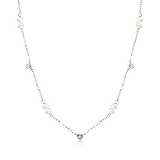 Hearts & Pearls Station Necklace in Rhodium-Plated Sterling Silver | M by Monte Luna