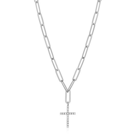 Cross Pendant Lab-Created Diamond Paperclip Necklace in Rhodium-Plated Sterling Silver | M by Monte Luna