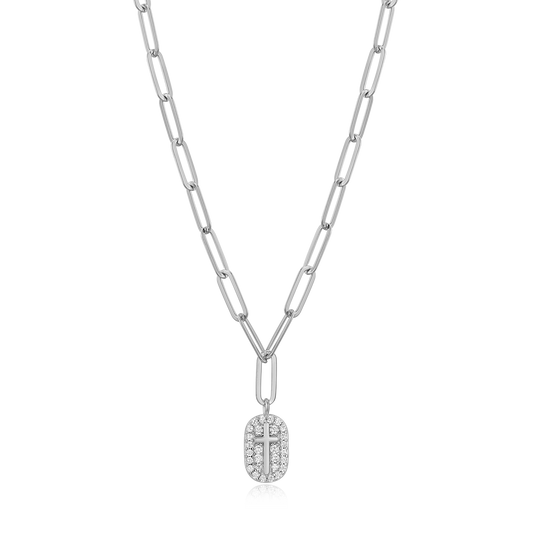 Cross Tag Pendant Lab-Created Diamond Paperclip Necklace in Rhodium-Plated Sterling Silver | M by Monte Luna