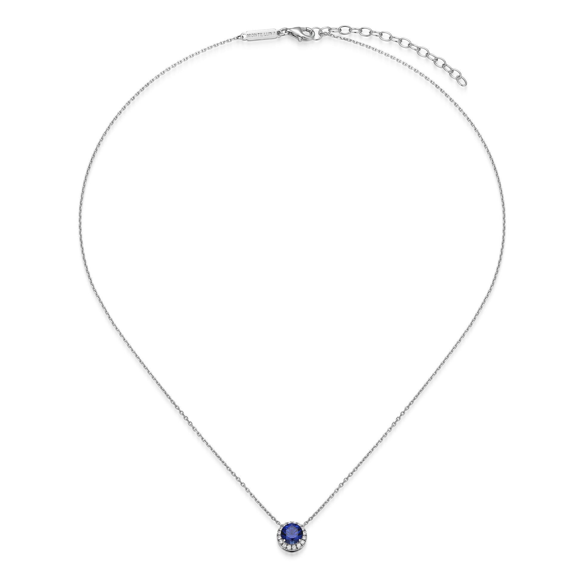 MN0148W - Halo Lab-Created Sapphire Necklace | Monte Luna