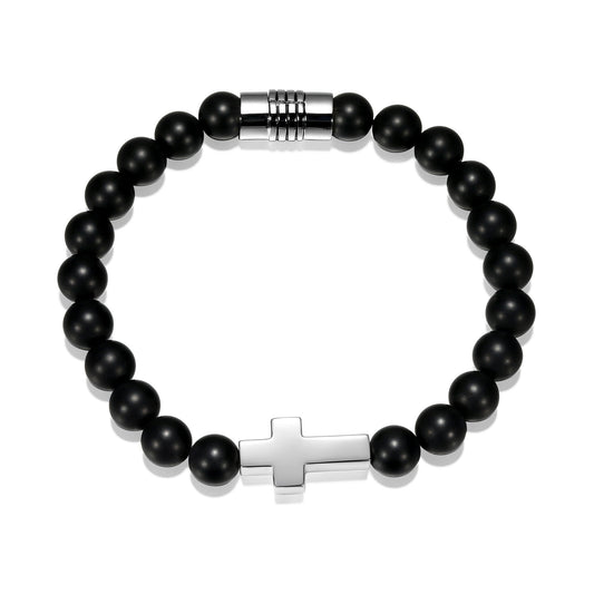 Strata Cross Matte Genuine Black Agate Beaded Bracelet - 7.25" | ethos