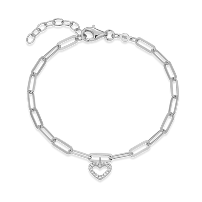 Open Heart Pendant Lab-Created Diamond Paperclip Bracelet in Rhodium-Plated Sterling Silver | M by Monte Luna