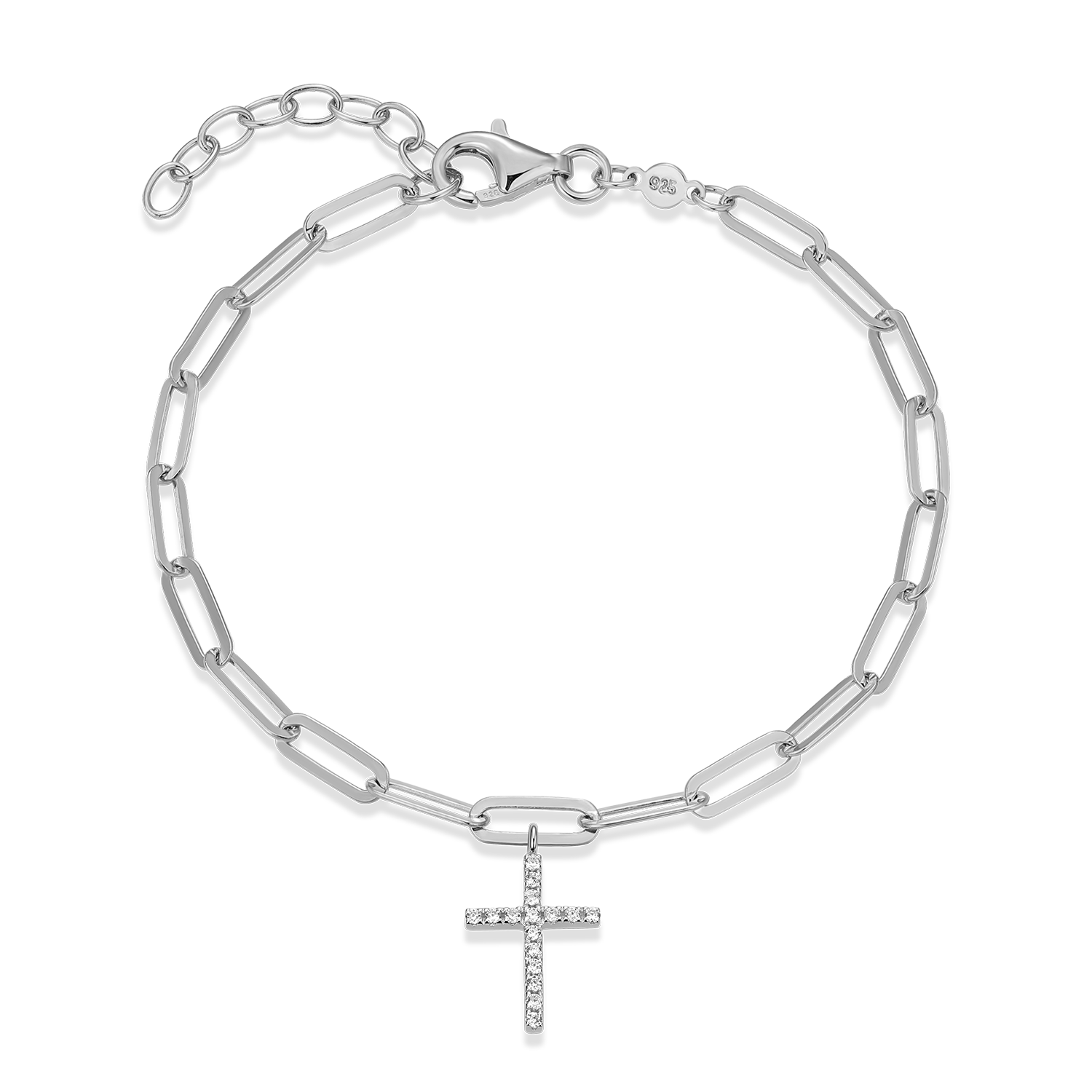 Cross Pendant Lab-Created Diamond Paperclip Bracelet in Rhodium-Plated Sterling Silver | M by Monte Luna
