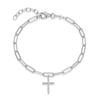 Cross Pendant Lab-Created Diamond Paperclip Bracelet in Rhodium-Plated Sterling Silver | M by Monte Luna