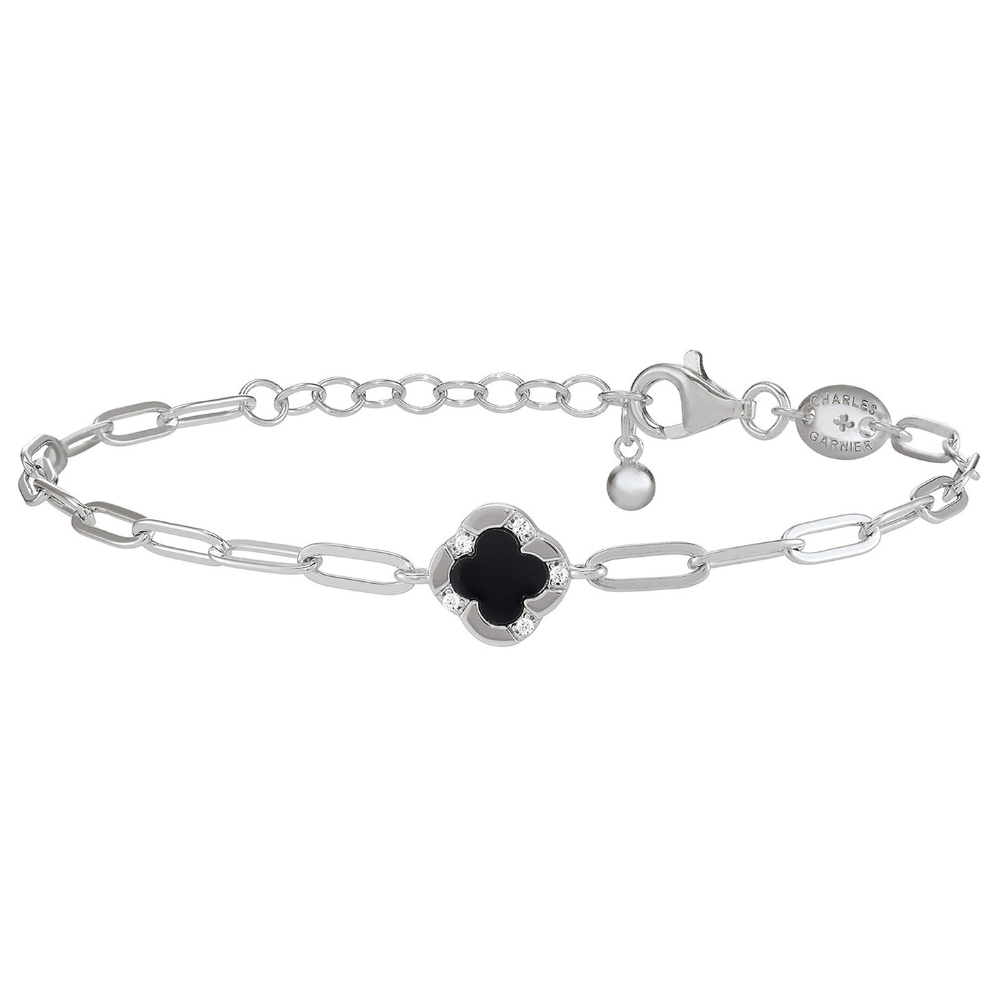 CB0197 - Black Onyx Clover Paperclip Chain Bracelet | charles garnier
