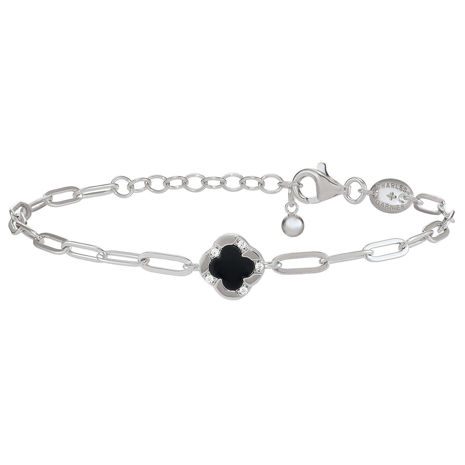 CB0197 - Black Onyx Clover Paperclip Chain Bracelet | charles garnier
