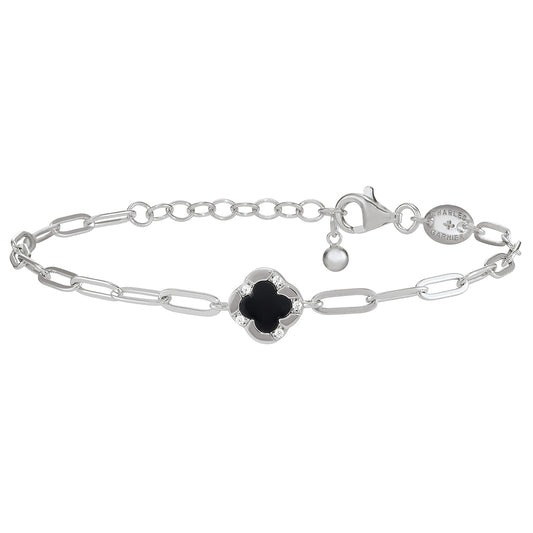 CB0197 - Black Onyx Clover Paperclip Chain Bracelet | charles garnier