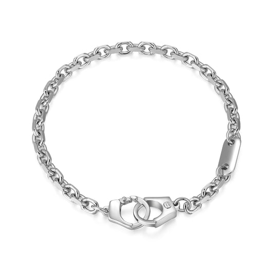 Italian Chain Rhodium Plated Cable Bracelet with Handcuff Clasp - 8.5" - UB41 | ethos