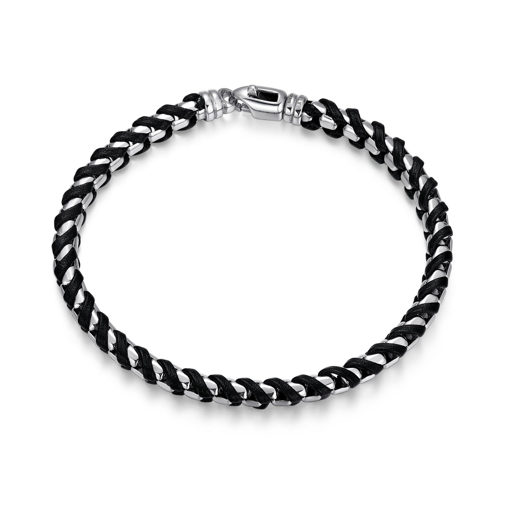 Italian Chain Rhodium Plated Round Box Chain with Black Leather Bracelet - 7.75" - UB0005S | ethos