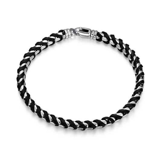 Italian Chain Rhodium Plated Round Box Chain with Black Leather Bracelet - 7.75" - UB0005S | ethos