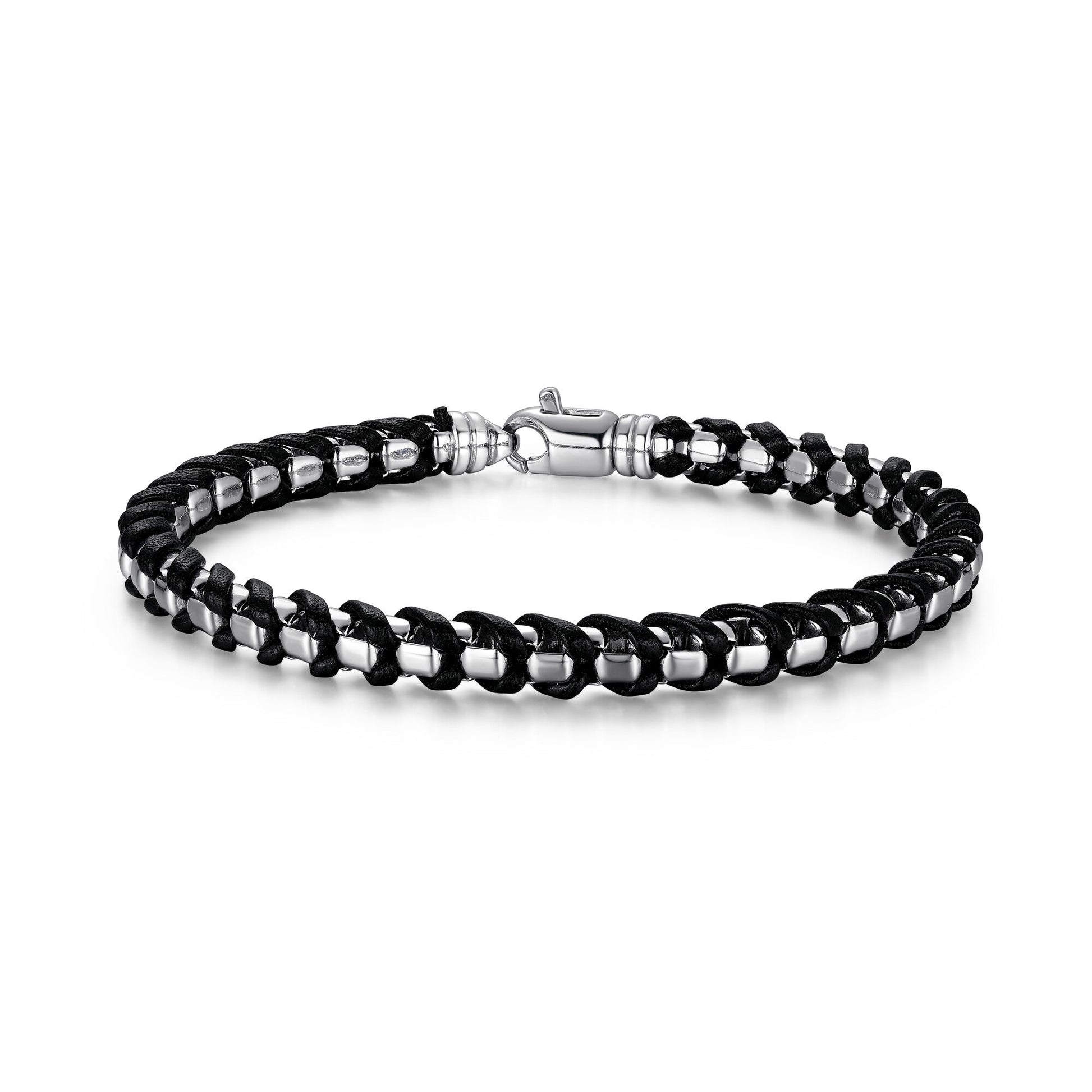 Italian Chain Rhodium Plated Round Box Chain with Black Leather Bracelet - 8.5" - UB0005M | ethos