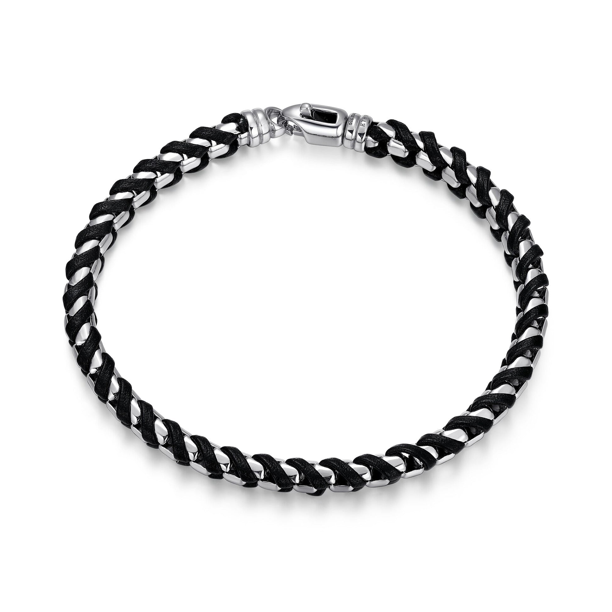 Italian Chain Rhodium Plated Round Box Chain with Black Leather Bracelet - 8.5" - UB0005M | ethos