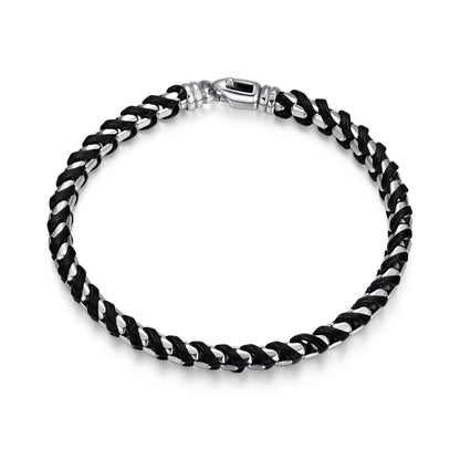 Italian Chain Rhodium Plated Round Box Chain with Black Leather Bracelet - 8.5" - UB0005M | ethos