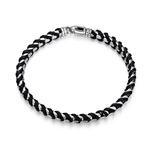 Italian Chain Rhodium Plated Round Box Chain with Black Leather Bracelet - 8.5" - UB0005M | ethos