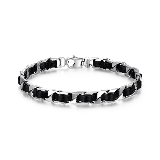 Italian Chain Rhodium Plated Curb Chain with Black Leather Bracelet - 8.5" - UB0006M | ethos