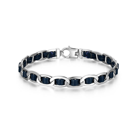 Italian Chain Rhodium Plated Mariner Chain Bracelet with Blue Flat Leather - 7.75" - UB0007S | ethos