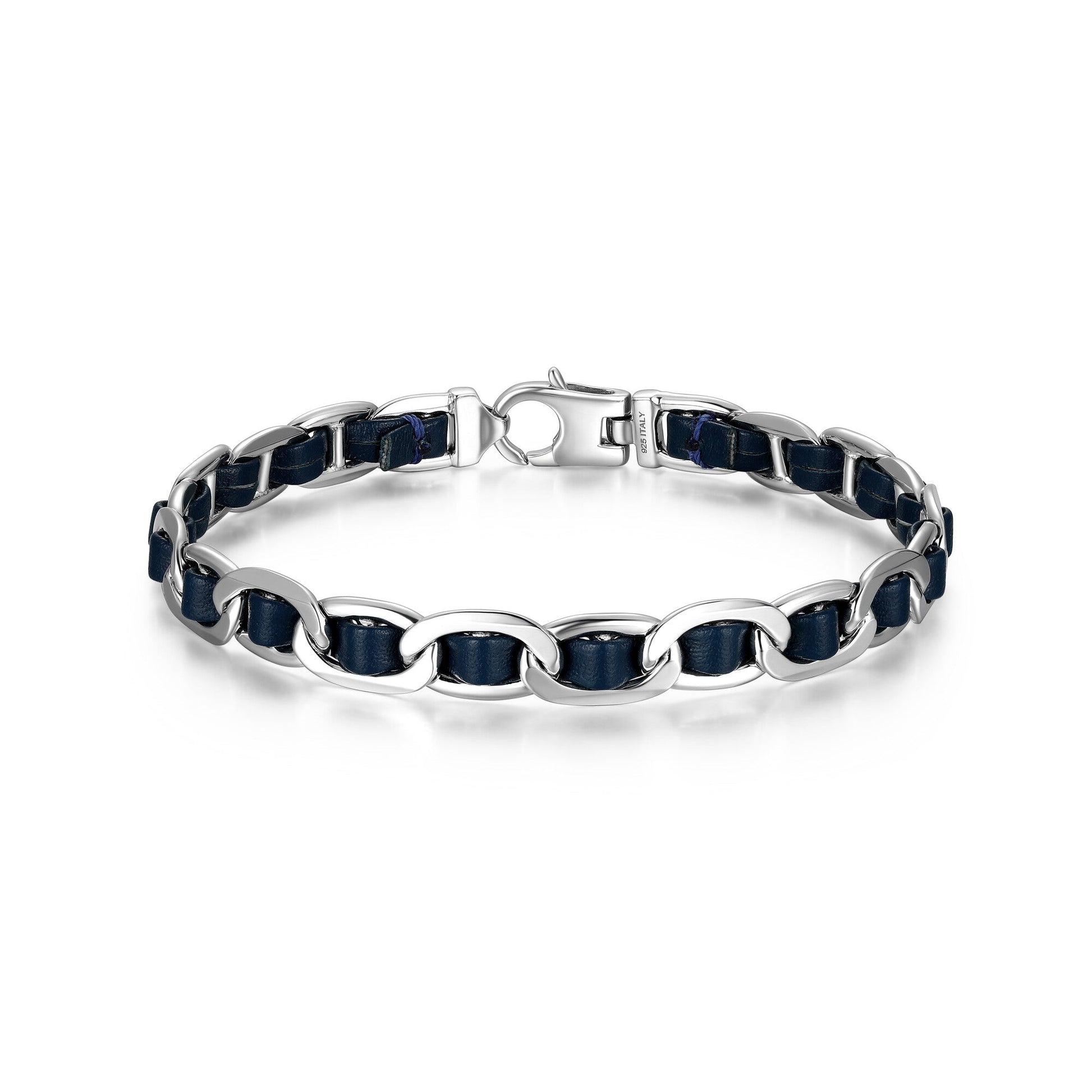 Italian Chain Rhodium Plated Mariner Chain Bracelet with Blue Flat Leather - 8.5" - UB0007M | ethos