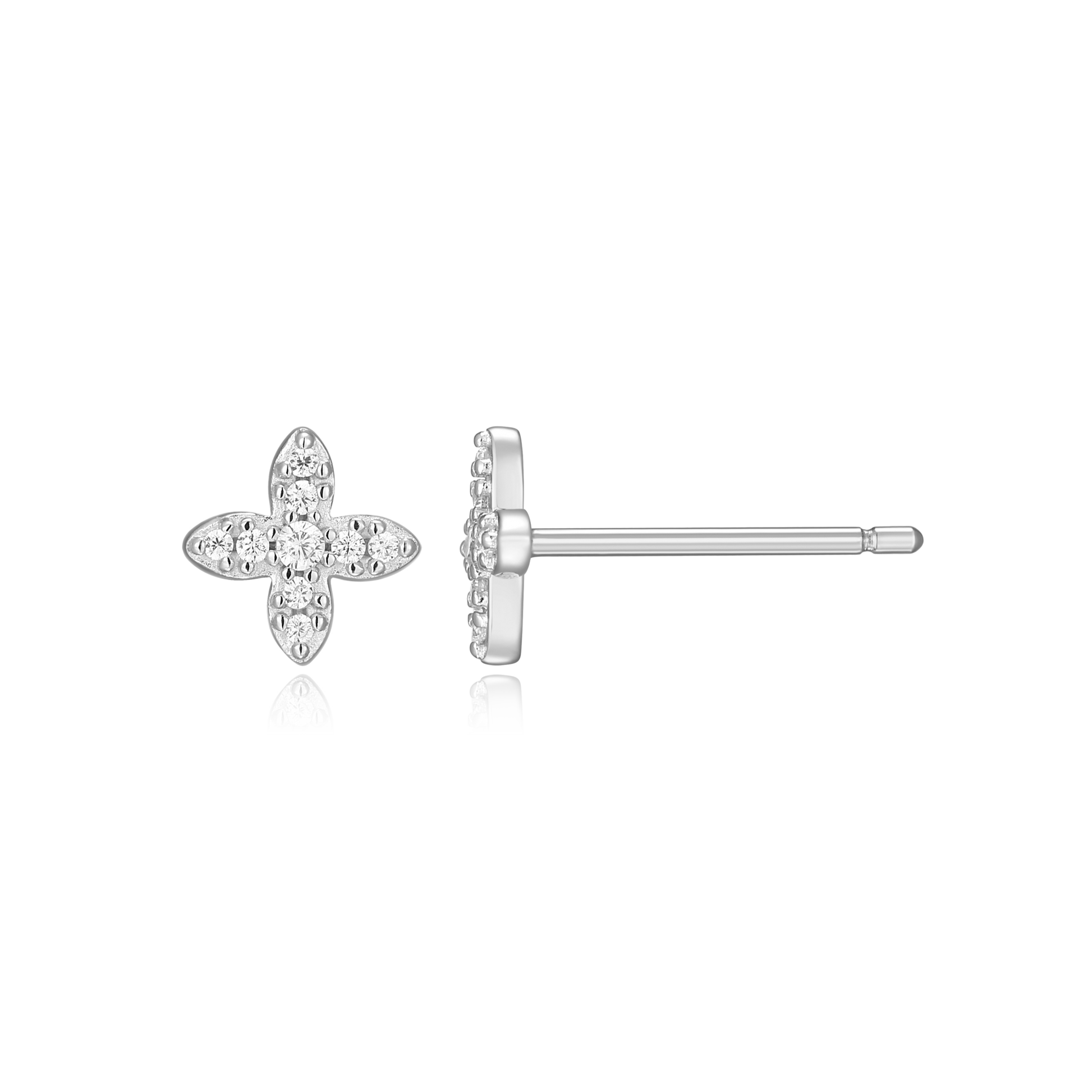 Four Leaf Flower Stud Earrings in Rhodium-Plated Sterling Silver | M by Monte Luna