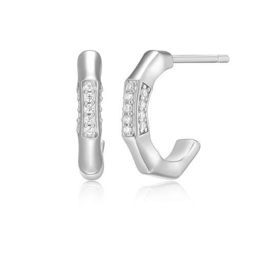 Bamboo J-Hoop Stud Earrings in Rhodium-Plated Sterling Silver | M by Monte Luna