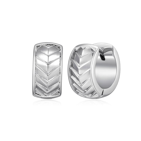 Chevron Rhodium Finish Sterling Silver Huggie Earrings - UE0009 | ethos
