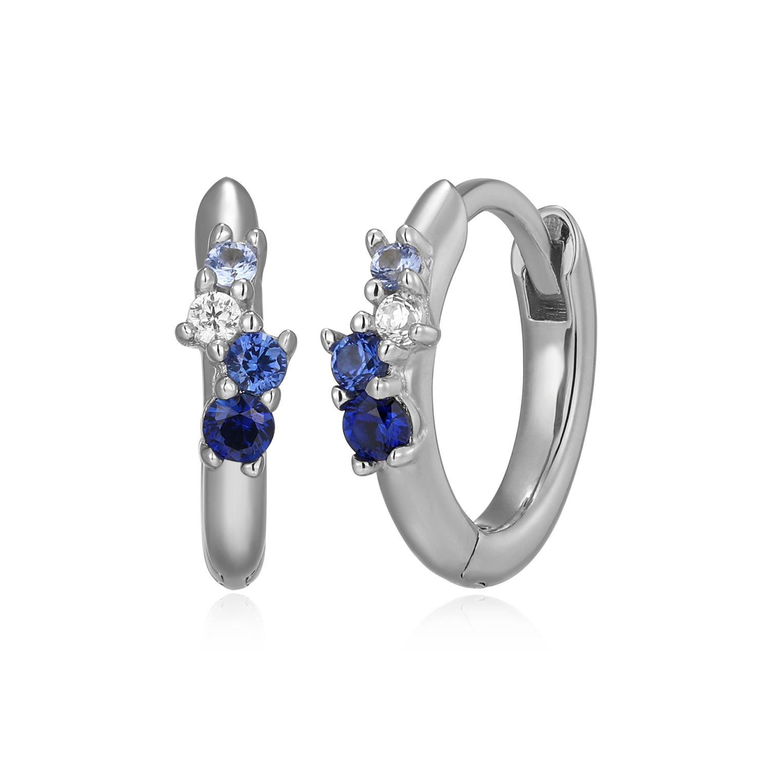 Scattered Ombre Lab-Created Sapphire & Diamond Huggie Earrings in Rhodium-Plated Sterling Silver | M by Monte Luna