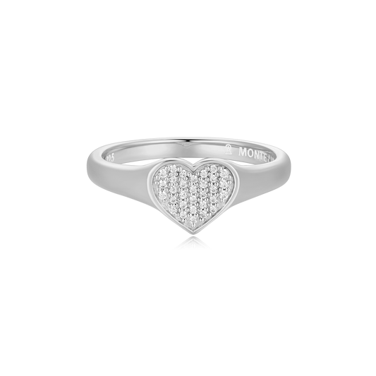 Lab-Created Diamond Pave Heart Signet Ring in Rhodium-Plated Sterling Silver | M by Monte Luna
